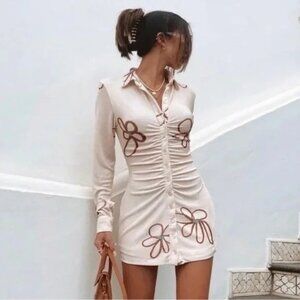 NWT With Jean Dress Andy Textured Button-Down Mini Cream Chalk & Flowers XXS
